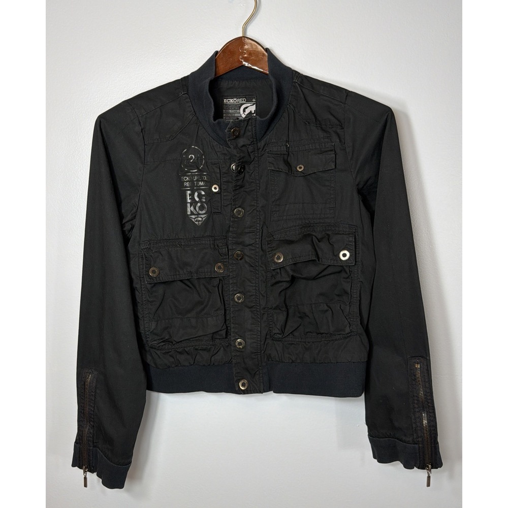 VTG Y2K Womens Ecko Red Cargo Bomber Jacket Black Sz XL Multi-Pocket Streetwear